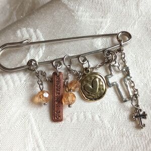 Vintage Safety Pin 3in Cross Christian Peach Beads Charm Brooch